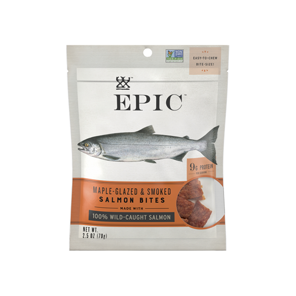 Individual bag of Epic's Maple Glazed Salmon Bites on a white background.