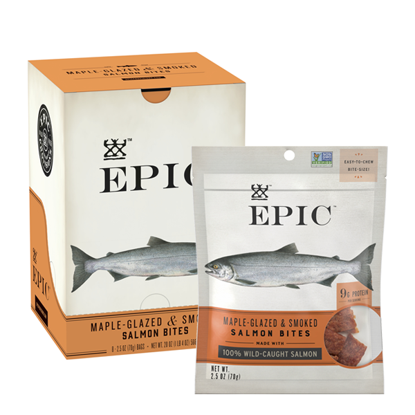 A box of EPIC Provisions' 100% Wild-Caught Maple Glazed and Smoked Salmon Bites next to a single bag of EPIC Maple Glazed Smoked Salmon Bites on a white background.