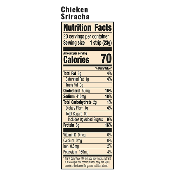 The nutrition facts for EPIC's Chicken Sriracha Snack Strip.