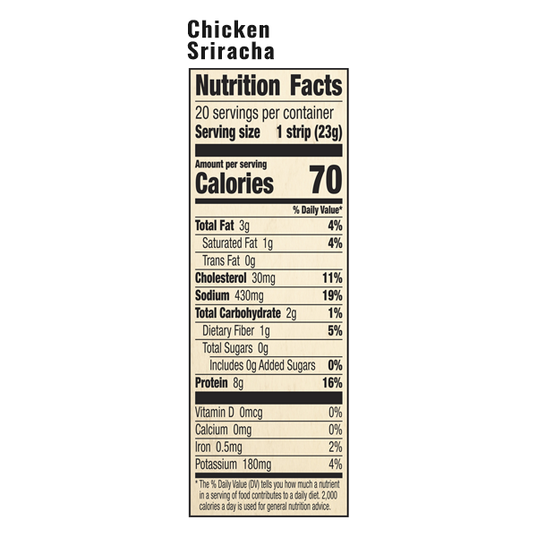 The nutrition facts for EPIC's Chicken Sriracha Snack Strip.