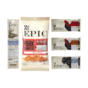 EPIC Provision's new limited time Summer Spicy Bundle, which displays a Venison Strip, a bag of Hot and Spicy Rinds, a Chicken Sriracha Bar, a Chicken BBQ Seasoned Bar, and a Bison Sea Salt Pepper Bar on a white background.