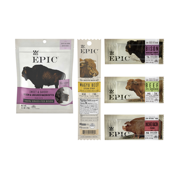 EPIC Provision's new limited time Summer Spicy Bundle, which displays a bag of Bison Bacon Bites, a Wagyu Beef Strip, a Bison Bacon Cranberry Bar, a Beef Apple Bacon Bar, and a Bacon Pork Bar on a white background.