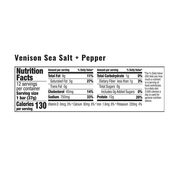 The nutrition facts for EPIC's Venison Sea Salt and Pepper Bar.