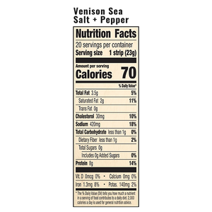 The nutrition facts for EPIC's Venison Sea Salt Pepper Snack Strip.