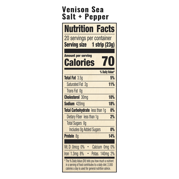 The nutrition facts for EPIC's Venison Sea Salt Pepper Snack Strip.