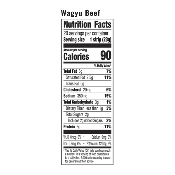 The nutrition facts for EPIC's Wagyu Beef Steak Snack Strip.