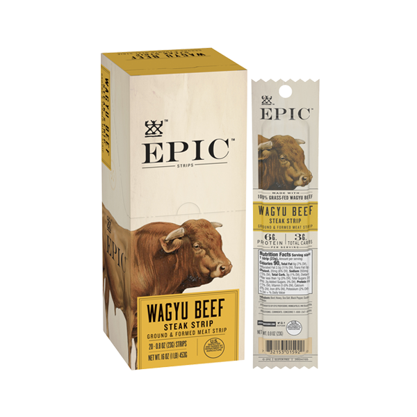 A single box of EPIC Provisions' 100% Grass-fed Wagyu Beef Snack Strips next to a single Wagyu Beef Snack Strip on a white background.