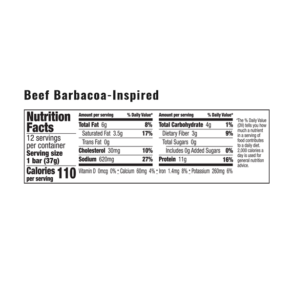 An image of the nutrition facts for EPIC's Beef Barbacoa-Inspired Bar
