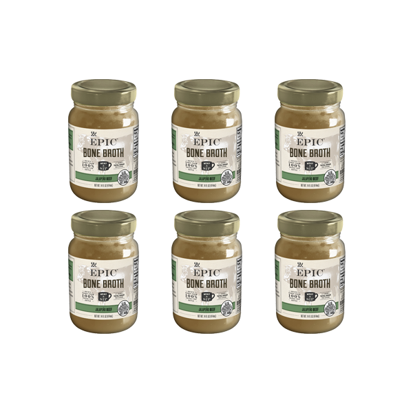 Six individual jars of EPIC's Jalapeno Beef Bone Broth on a white background.