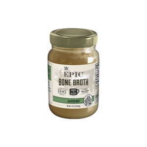 A single jar of EPIC's Beef Jalapeno Bone Broth on a white background.
