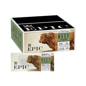 A carton and one individual EPIC Provisions' 100% Grass-fed Beef Jalapeno Bar on a white background.