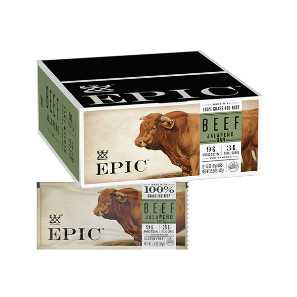 A carton and one individual EPIC Provisions' 100% Grass-fed Beef Jalapeno Bar on a white background.