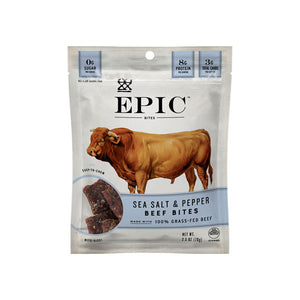 A single bag of epic beef sea salt and pepper bites on a white background.