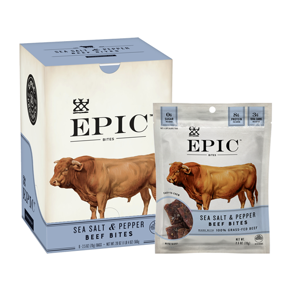 A single carton and pouch of EPIC's Beef Sea Salt and Pepper Bites on a white background.
