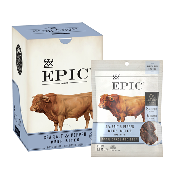 A single carton and pouch of EPIC's Beef Sea Salt and Pepper Bites on a white background.