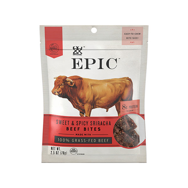 Individual bag of Epic's Sweet and Spicy Sriracha Beef Bites on a white background.