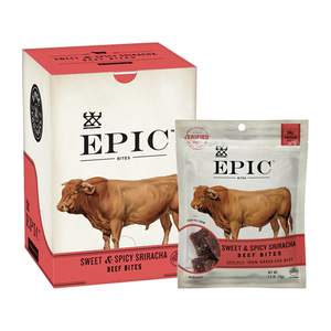 Individual carton and bag of EPIC's Sweet and Spicy Sriracha Beef Bites on a white background.