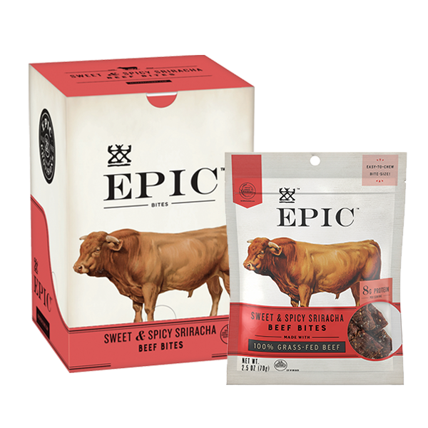 Individual carton and bag of EPIC's Sweet and Spicy Sriracha Beef Bites on a white background.