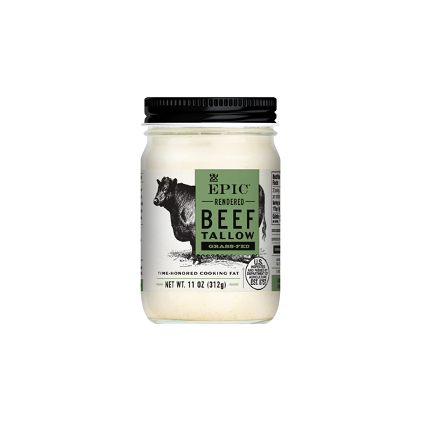 A single jar of EPIC's Grass-fed Beef Tallow on a white background.