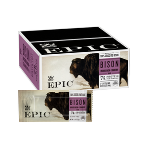 EPIC Provision's 100% Grass-fed Bison Uncured Bacon Cranberry Bar and Carton overlaid on a white background.