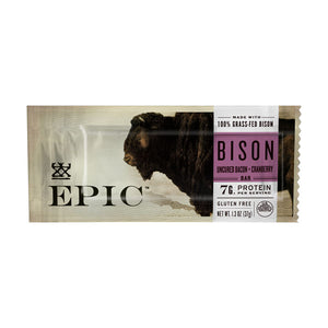 Individual unit of Epic's Grassfed Bison Bacon Cranberry bar on a white background.