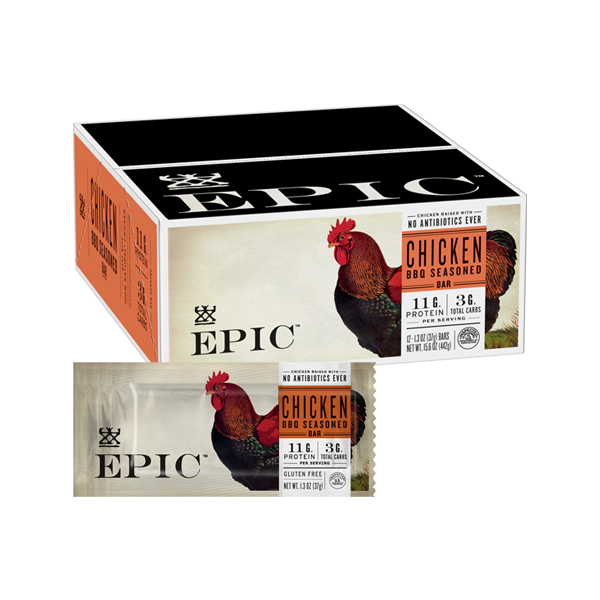 EPIC Provisions' Chicken BBQ Seasoned Bar and carton overlaid on a white background.