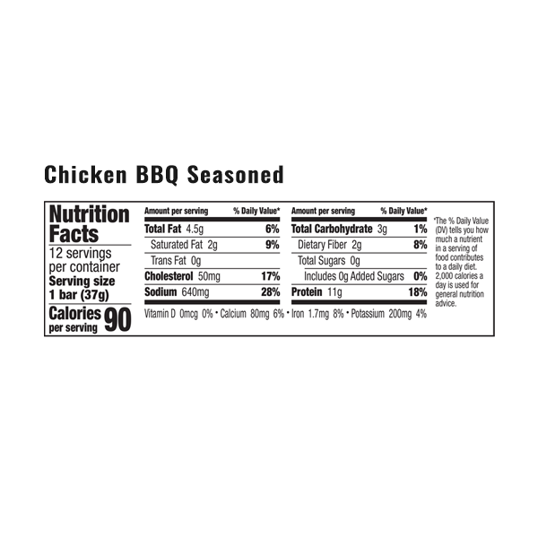 An image of the nutrition facts for EPIC's Chicken BBQ Seasoned Bar