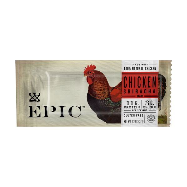 Individual unit of Epic's Chicken Sriracha bar on a white background.
