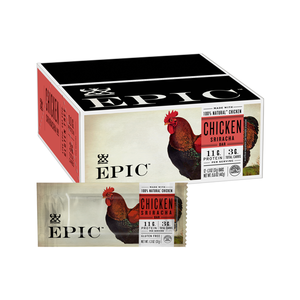 EPIC Provision's Chicken Sriracha Bar and Carton overlaid on a white background.