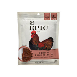 A single bag of epic chicken sriracha bites on a white background.