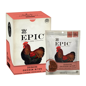 A single carton and bag of EPIC's Chicken Sriracha Bites on a white background.