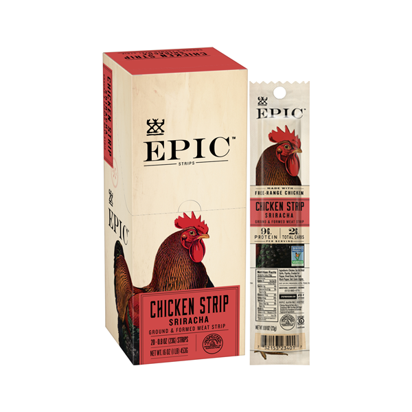 A single box of EPIC's Chicken Sriracha Snack Strips on a white background.