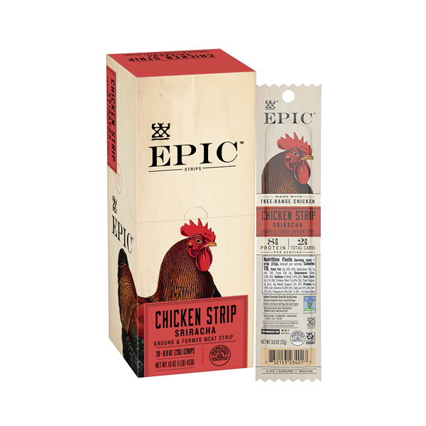 A single box of EPIC's Chicken Sriracha Snack Strips on a white background.