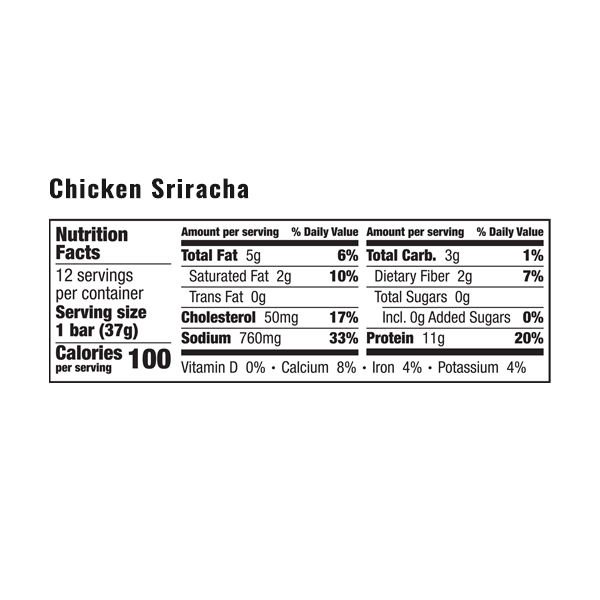 An image of the nutrition facts for EPIC's Chicken Sriracha Bar