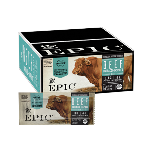 EPIC Provision's EOV 100% Grass-fed Beef Barbacoa-Inspired Bar and Carton overlaid on a white background.