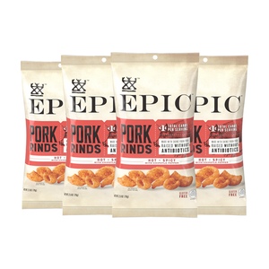 Four bags of EPIC's Hot and Spicy Pork Rinds on a white background.