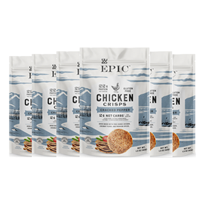 Six pouches of EPIC's Cracked Pepper Chicken Crisps on a white background.