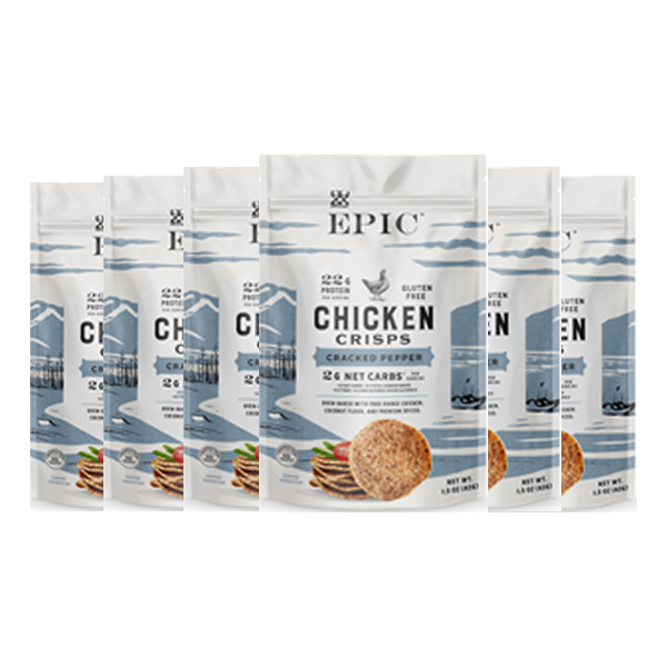 Six pouches of EPIC's Cracked Pepper Chicken Crisps on a white background.