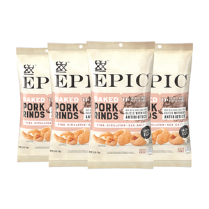 Four bags of EPIC Provisions' Pink Himalayan and Sea Salt Baked Pork Rinds in brand new packaging on a white background.