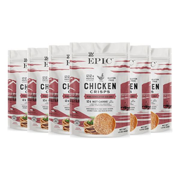 Six pouches of EPIC's Pink Himalayan Sea Salt Chicken Crisps on a white background.