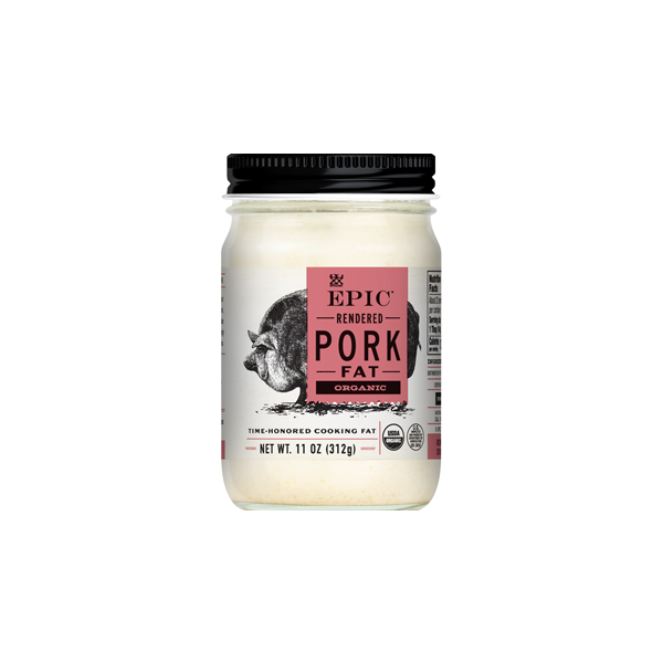 An individual jar of EPIC's Organic Pork Fat on a white background.