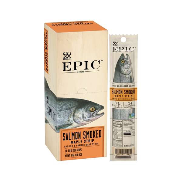 A single box of EPIC Provisions' 100% Wild-Caught Salmon Smoked Maple Snack Strips next to a single Salmon Smoked Maple Snack Strip on a white background.