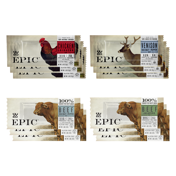 Three EPIC Provision's Venison bars, Chicken Sriracha bars, Beef Jalapeno bars, and Beef Sea Salt Pepper bars on a white background.