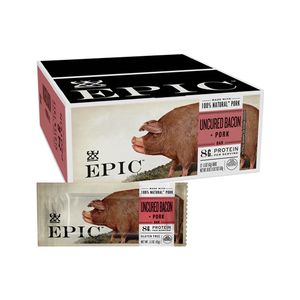 EPIC Provision's Uncured Bacon and Pork Bar and carton overlaid on a white background.