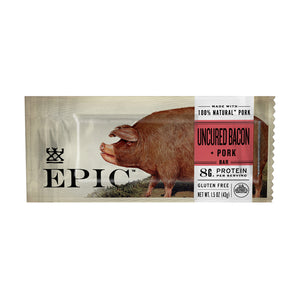 Individual unit of Epic's Uncured Bacon Maple bar on a white background.