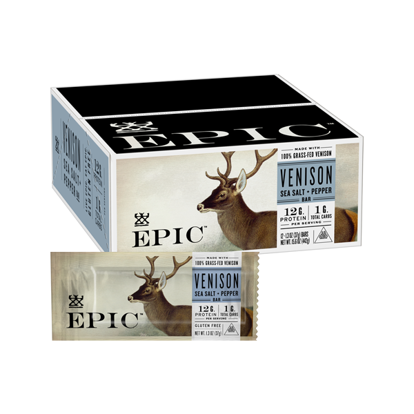 EPIC Provision's 100% Grass-fed Venison Sea Salt and Pepper Bar and carton on a white background.
