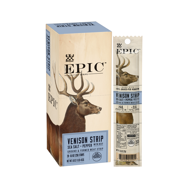 A single box of EPIC Provisions' 100% Grass-fed Venison Sea Salt and Pepper with Beef Snack Strips next to a single Venison Sea Salt and Pepper with Beef Snack Strip on a white background.